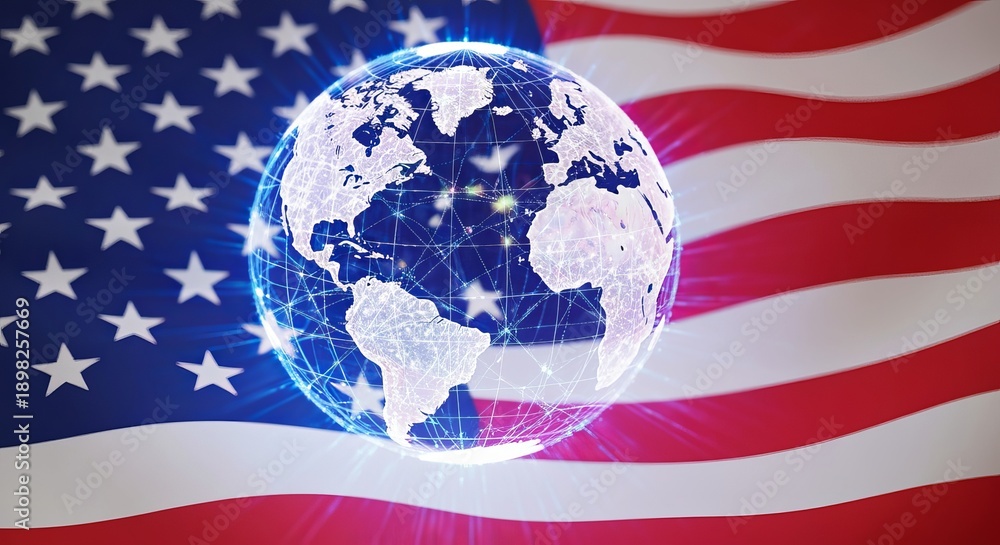 Fototapeta premium American Flag and World Map Symbolizing Global Economic Cooperation and International Collaboration
