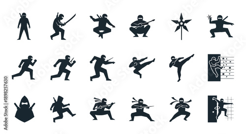 A comprehensive collection of black silhouette icons depicting ninjas in various action poses, including fighting, running, and wielding traditional weapons.