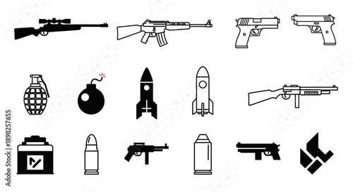 Collection of black and white icons depicting various firearms, explosives, and ammunition.