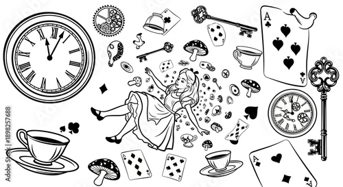 Alice in Wonderland illustration with clock and cards.