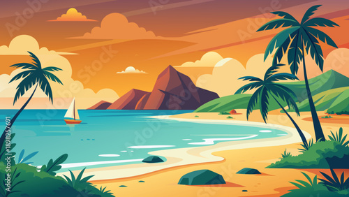 Tranquil tropical beach scene with vibrant sunset and palm trees Vector
