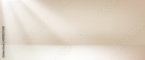 Studio room gradient background with sunlight window. Light neutral wall product room. Minimal pastel table for fall, autumn scene. Empty desk stage for presentation. Vector template illustration.