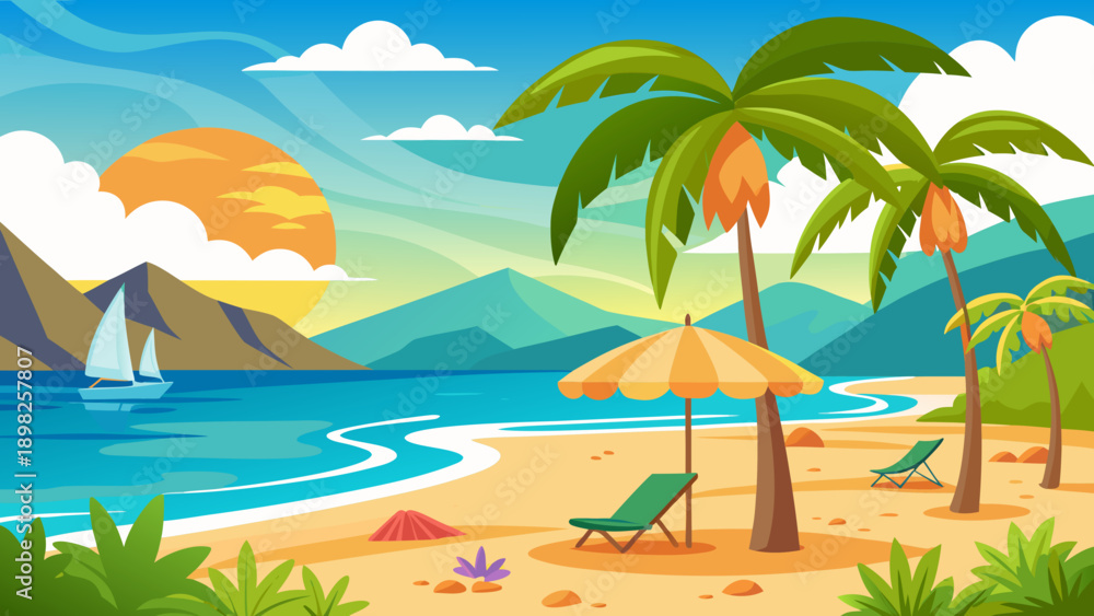 Fototapeta premium Tranquil tropical beach scene with palm trees and clear blue skies Vector