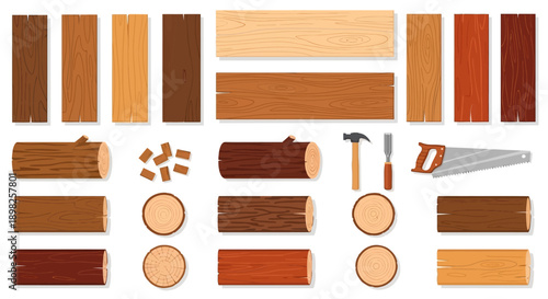 Assorted Wooden Planks and Carpentry Tools.