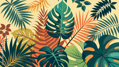 Vibrant tropical foliage with vivid colors and intricate patterns creating a lively botanical design Vector