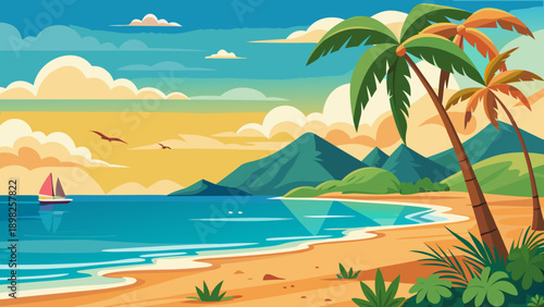 Tropical paradise scene with sailboat and palm trees under a bright sky Vector
