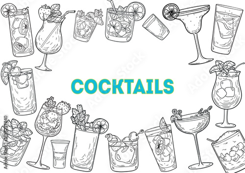 Alcoholic Cocktails Ink Sketch Set - Hand Drawn Vector Illustration