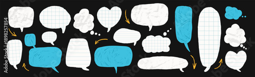 Hand-drawn and crumpled papers speech bubbles. Pastel crayon texture text boxes. Doodle and grid school dialogue frames for comic chat design. Blue talk playful balloon. Think, talk vector chat.