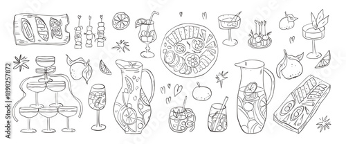 Sangria pitcher, tapas doodles set. Whimsical cocktail party with spanish mediterranean food and drinks. Charcuterie hand drawn elements. Vector sketch orange, glasses tower, wine bottle illustration.