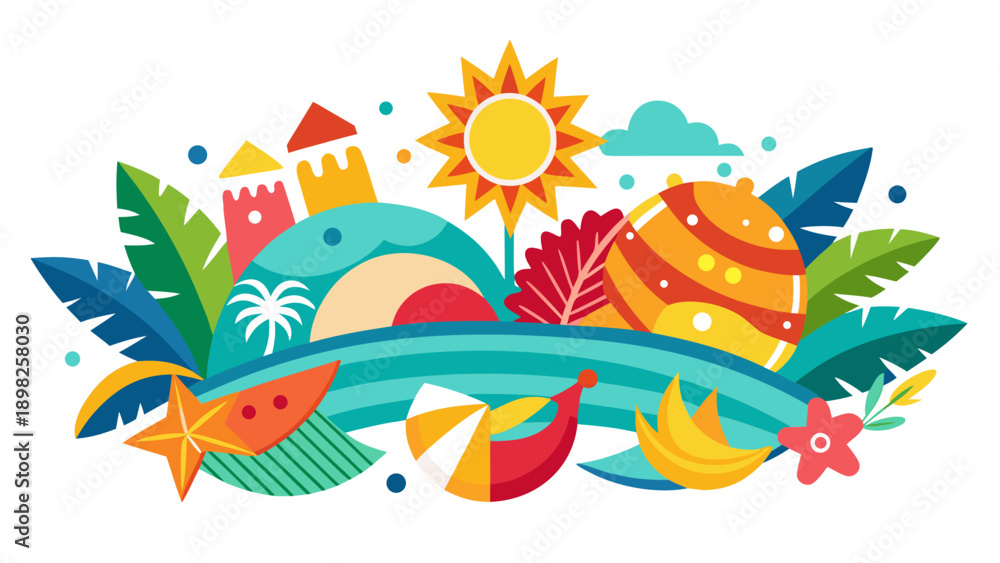 Naklejka premium Vibrant celebration with colorful flowers, fruits, and summer elements under a bright sun Vector