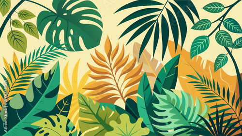 Vibrant tropical foliage with lush green and yellow palm leaves in artistic arrangement Vector