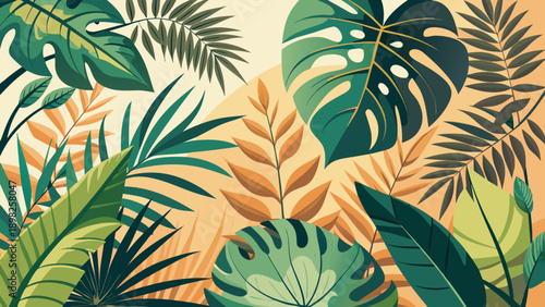 Vibrant tropical leaves forming an intricate and lush botanical pattern Vector