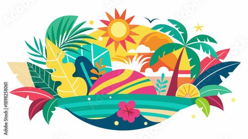 Vibrant tropical fruits and flowers arranged in a lively, colorful composition Vector