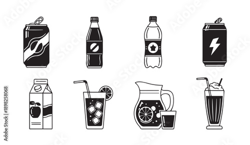 Beverage Icons: Soda Cans, Bottles, Juice Box, Pitcher, Smoothie