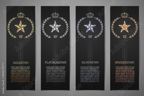 Set of black banners, Gold, platinum,silver and bronze star, Vector illustration.l