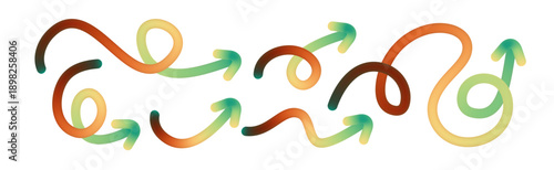 Gradient arrow icons with flowing lines and abstract curves. Modern vector design elements featuring colorful doodle shapes for dynamic graphic illustrations and backgrounds.