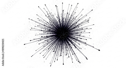 Black abstract explosion graphic with radial lines and dots on white background representing energy and movement