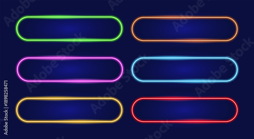 Neon glowing rounded rectangle buttons vector set for mobile apps and web interfaces, colorful UI elements with luminous light effect, futuristic controls for modern digital design