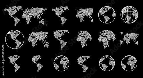 Collection of White World Maps on Black Background.