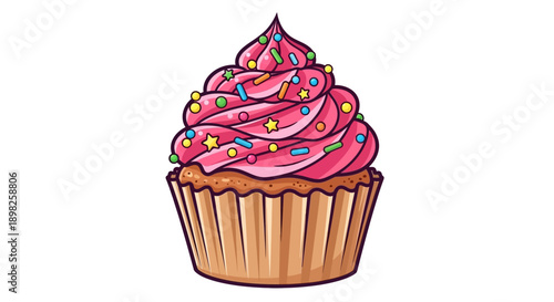 Colorful Cupcake with Pink Frosting and Sprinkles.