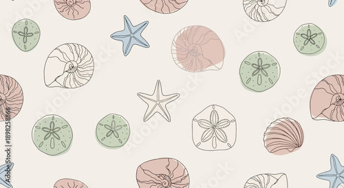 Colorful Hand Drawn Sand Dollars and Starfish.
