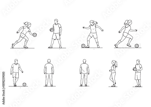 CAD Sports People Vector Set – Thin Line Human Figures for Architecture and Fitness Activities