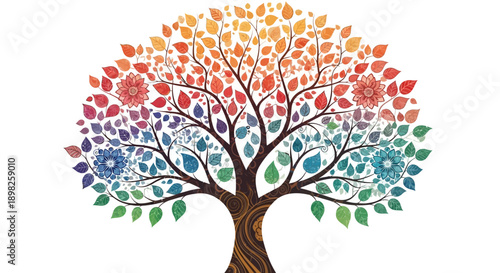 Colorful Tree with Rainbow Leaves and Flowers.