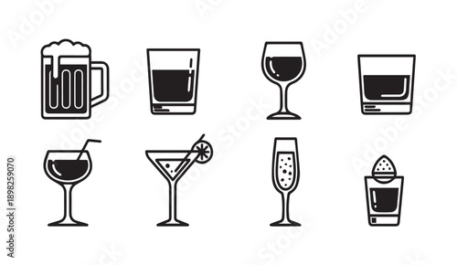 Collection of Alcohol Drink Icons: Beer Mug, Wine Glass, Martini, Whiskey, Champagne, Shot Glass