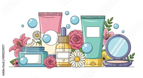 Cosmetic Products and Beauty Essentials Display.