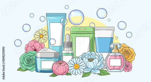 Cosmetic Products with Flowers and Packaging.