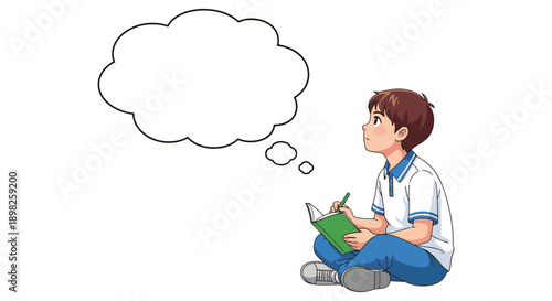 Young student sits cross-legged contemplating ideas with blank thought bubble above