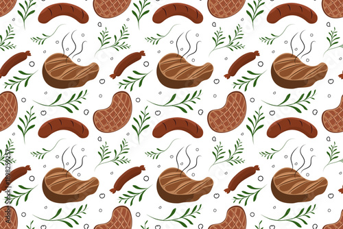 Seamless BBQ pattern featuring grilled steaks with sear marks and sausages, accented with fresh rosemary sprigs. Ideal for restaurant decor, meat market packaging, and summer kitchen textiles.