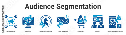 Audience Segmentation web banner icon set vector illustration concept for business with icon of Segmentation, Research, Marketing Strategy, Email Marketing, Consumer, Visitors, Soc.