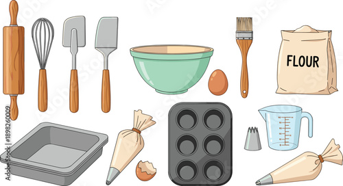 Baking tools and ingredients illustration with rolling pin bowl flour egg whisk trays piping bags kitchen utensils vector set