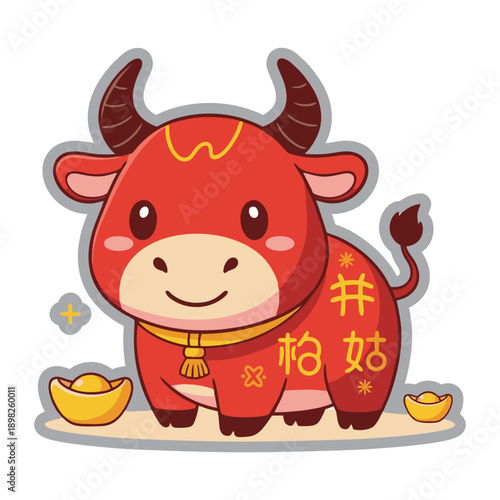 Cheerful red ox character illustration with gold nuggets and traditional Chinese calligraphy.