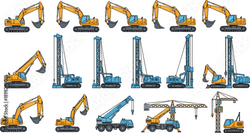 Cartoon construction machinery set featuring excavators cranes pile drivers heavy equipment industrial building work vector illustration for engineering projects design
