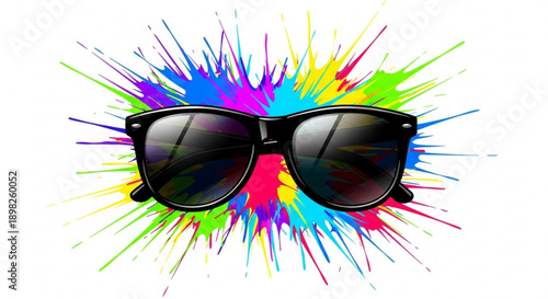 Black sunglasses with colorful paint splashes on white background trendy eyewear and vibrant multicolor design