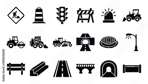 Comprehensive collection of road construction, maintenance, and urban infrastructure icons perfect for graphic presentations, web applications, and civil engineering projects showcasing