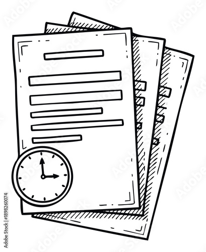 A hand drawn stack of administrative documents with a prominent clock symbolizing time management and deadlines for business productivity and task scheduling resources