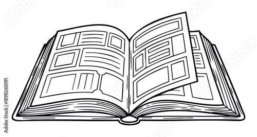 Outline drawing of an open publication with blank pages and content layouts, ideal for illustrating concepts related to reading, information, education, or storytelling