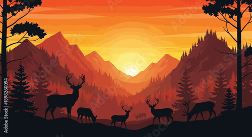 Deer Family Silhouette at Sunset Landscape.