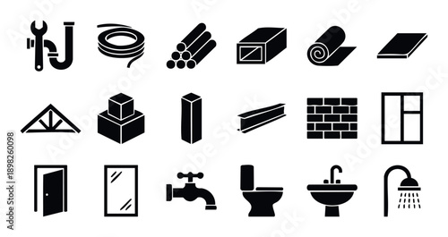 Vector icons representing various construction materials, plumbing fixtures, and building elements, suitable for home renovation guides, architectural software, and contractor websites.