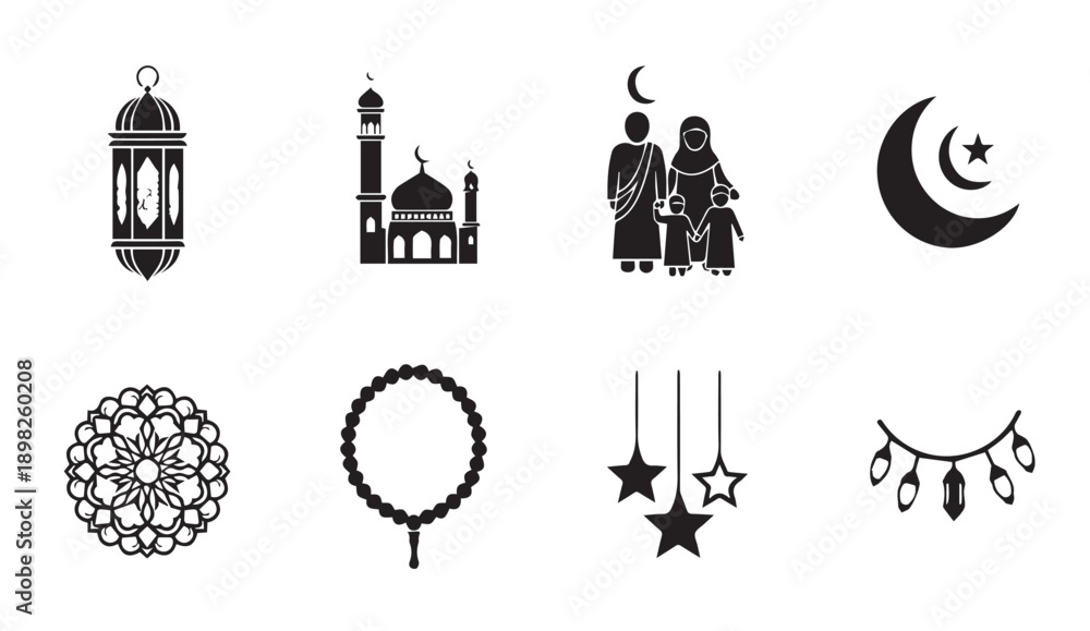 Naklejka premium Islamic Icons Collection: Mosque, Family, Lantern, Moon, Tasbih, Stars, Garland