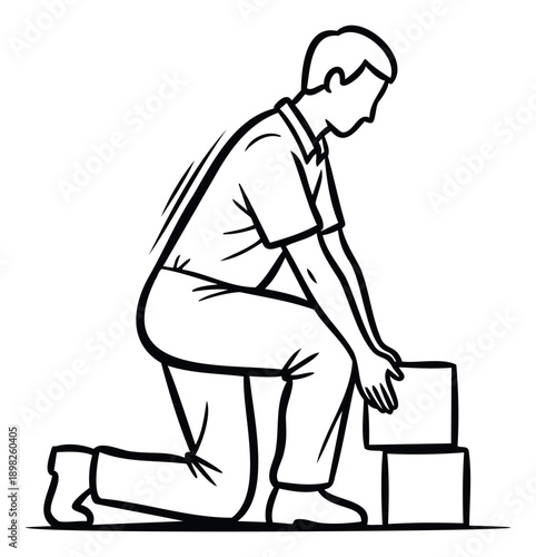 A worker demonstrates proper ergonomic posture by kneeling to handle two stacked packages, illustrating safe manual handling practices for industrial and occupational safety education.