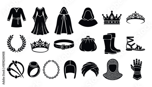 Medieval historical clothing and accessories collection featuring traditional attire and armor elements, ideal for game development, educational resources, and graphic design projects.