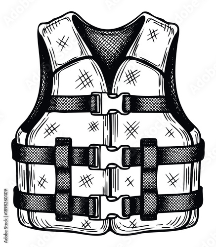 Handdrawn engraving style life vest for aquatic safety awareness campaigns, outdoor activity guides, or emergency preparedness educational content