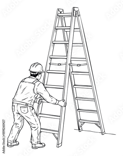 A professional worker wearing a protective hard hat and overalls carefully positions a stepladder, illustrating safety and readiness for construction, home renovation, or repair projects.