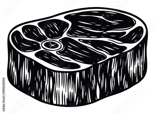 Monochrome woodcut style depiction of a thick steak slice showcasing rich marbling and bone perfect for restaurant promotions cooking guides and grocery store advertisements