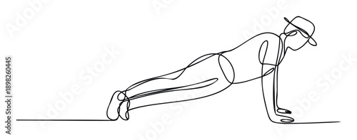 Engaging single line drawing depicting a person performing a push up while wearing a hat, ideal for active lifestyle promotional materials and athletic event posters.