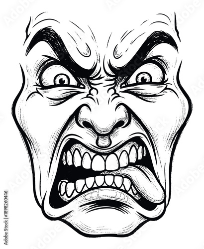 Black and white distressed drawing of a furious human face with bared teeth and tongue sticking out expressing intense rage and aggression perfect for graphic design projects